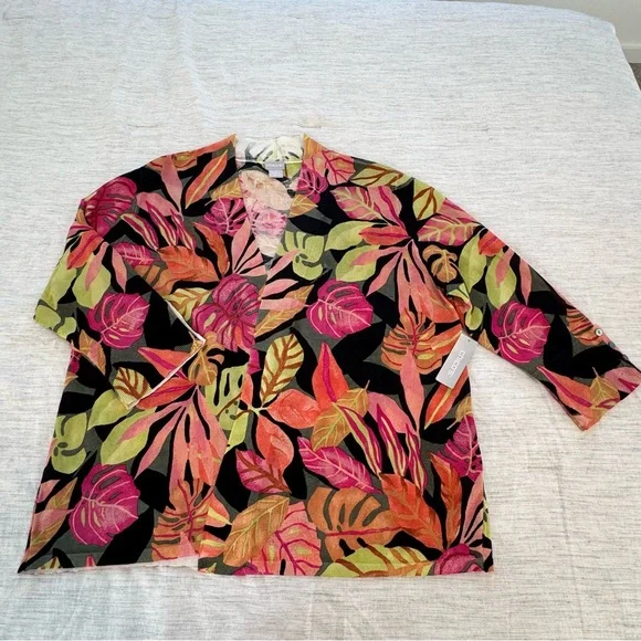 NWT Chico's Vibrant Leaf Pattern Cardigan - Pink, Green, Orange Size XL - Picture 3 of 11